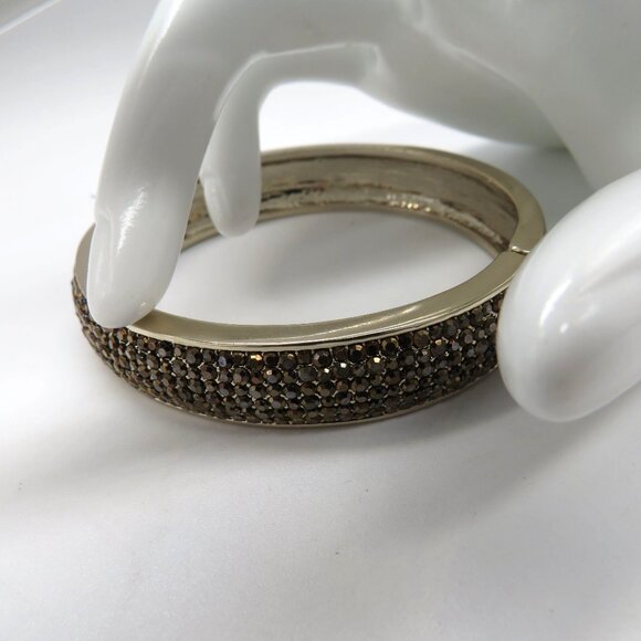 Gold Tone Bracelet Hinged Bangle Black Gilt Rhinestones Encrusted - Picture 10 of 10